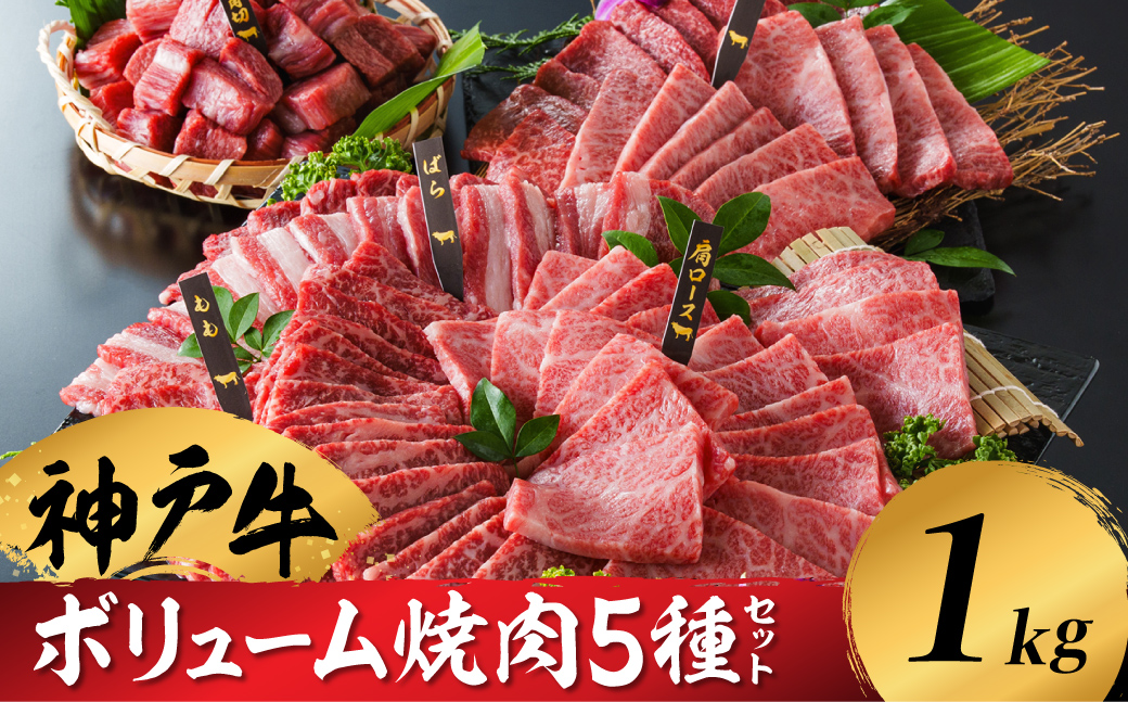 神戸牛 ボリューム焼肉セット 肩ロース 肩 モモ バラ 赤身角切り 1kg / 焼肉 食べ比べ 牛肉 小分け (200g×5種) 密着包装 赤身 霜降り国産牛 焼肉セット 焼き肉 冷凍 国産牛 ブランド牛 黒毛和牛 神戸ビーフ 化粧箱入り ギフト【帝神志方ミート】