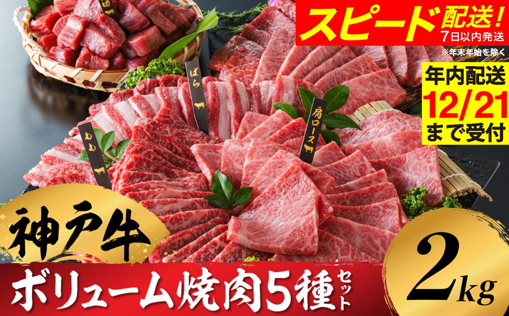 神戸牛 ボリューム焼肉セット 肩ロース 肩 モモ バラ 赤身角切り 2kg / 焼肉 食べ比べ 牛肉 小分け (200g×5種×2パック) 密着包装 赤身 霜降り国産牛 焼肉セット 焼き肉 冷凍 国産牛 ブランド牛 黒毛和牛 神戸ビーフ 化粧箱入り ギフト【帝神志方ミート】【12/21までの受注分年内発送】