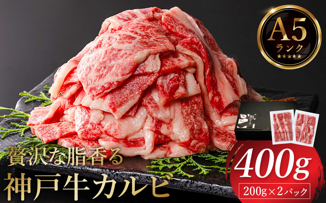 贅沢な脂香る A5ランク 神戸牛 カルビ焼肉 400g(200g×2パック)/ A5ランク 牛カルビ 小分け 牛肉 焼肉 カルビ バラ 肉 ばら肉 焼き肉 密着包装 霜降り バーベキュー 冷凍 国産牛 ブランド牛 黒毛和牛 神戸ビーフ 化粧箱入り ギフト [帝神志方ミート]
