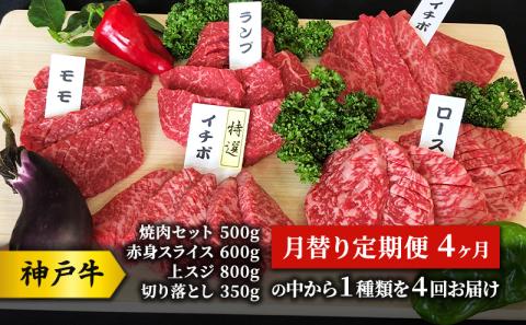 神戸牛 月替り定期便 4ヶ月 (焼肉セット 500g、赤身 スライス 600g 、上スジ 800g 、切り落とし350gの中から1種類を4回お届け) 牛 牛肉 お肉 肉 和牛 黒毛和牛 焼肉 焼き肉
