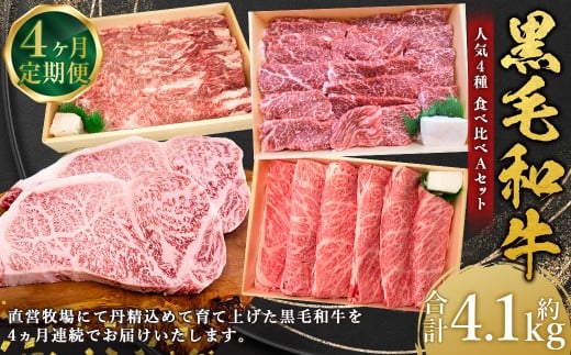 【4回定期便】 牛肉 兵庫県産 黒毛和牛 人気4種 食べ比べ