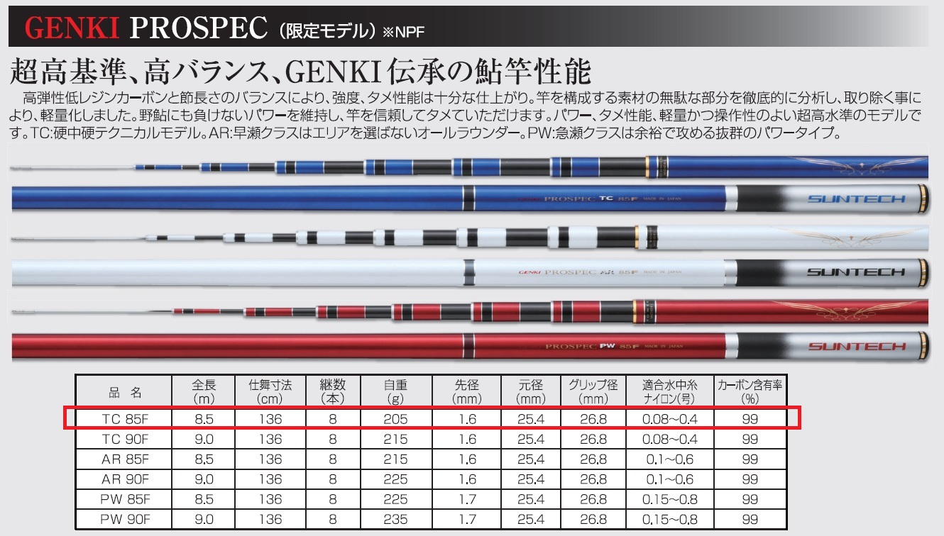 396-1【日本製・鮎竿限定モデル】GENKI PROSPEC TC 85F