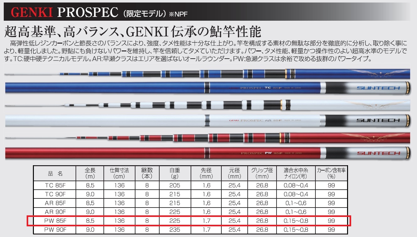 411-1【日本製・鮎竿限定モデル】GENKI PROSPEC PW 85F