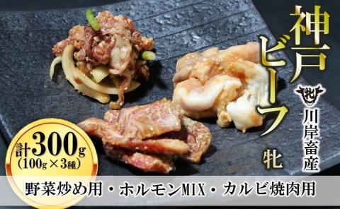 【神戸牛 牝】焼き肉用 味付け肉 3種 計300g（100g×3種） 川岸畜産　09-27