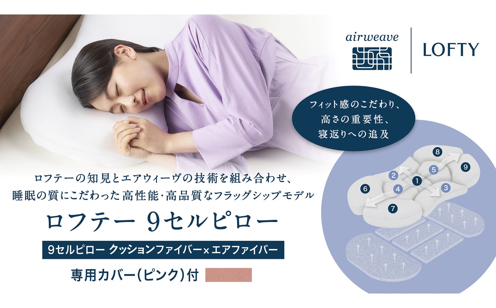 （エアウィーヴ グループ）ロフテー「9セルピロー クッションファイバー×エアファイバー（専用カバー：ピンク）」（186-2）高さ：2号