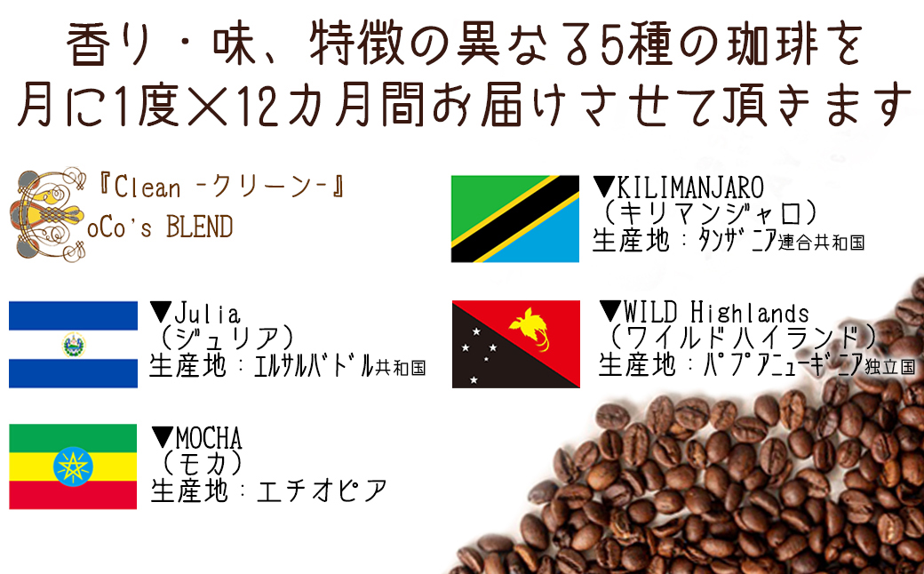 【宝塚】12ヶ月の定期便（当日自家焙煎珈琲豆5種類）【豆】