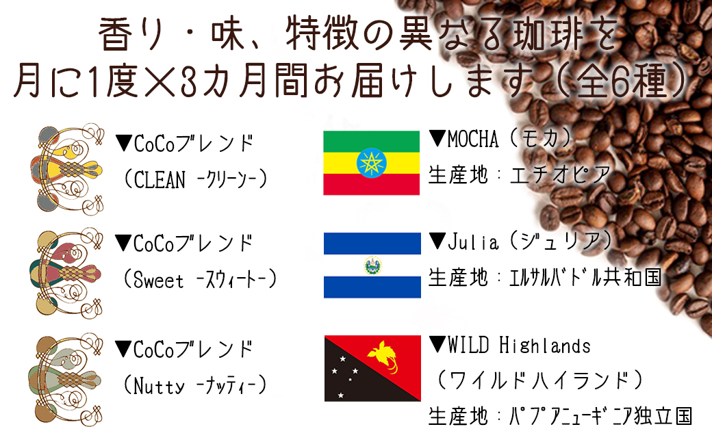 【宝塚】3ヶ月の定期便（当日自家焙煎珈琲豆6種 計1200g）Type2【豆】