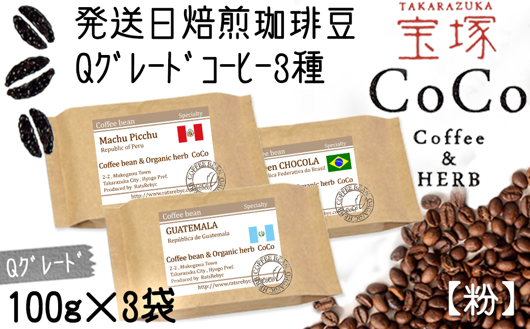 【宝塚】Qグレード珈琲3種類 当日自家焙煎珈琲100g×3種【粉】