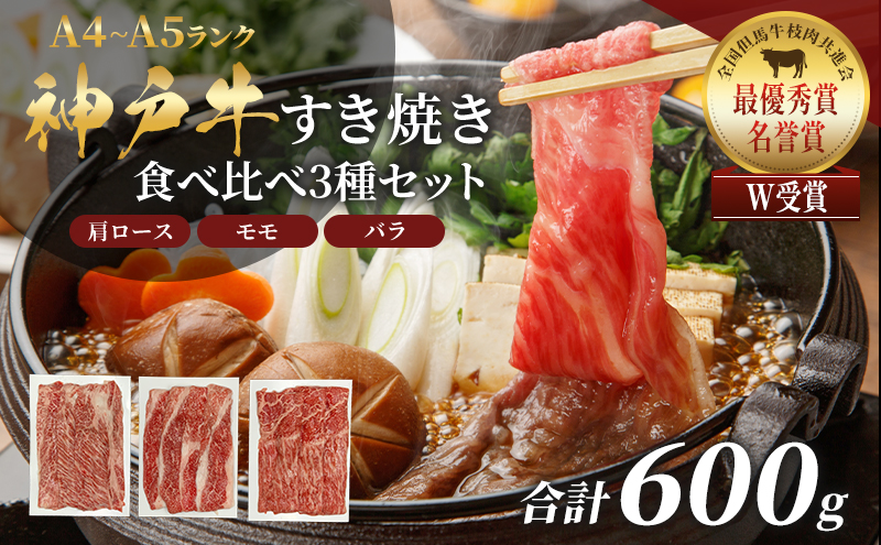 期間限定寄附額 神戸牛 福袋 すき焼き 計600g 200g×3パック すき焼き肉 肩ロース モモ バラ 食べ比べ 牛肉 肉 お肉 ブランド牛 和牛 神戸ビーフ