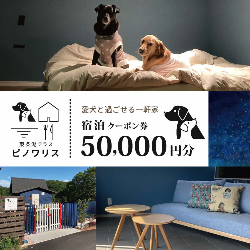 東条湖テラス ピノワリス 宿泊クーポン券 5万円分 愛犬と過ごせる一軒家　宿泊 旅行 クーポン ドッグラン 愛犬 犬 東条湖 加東市