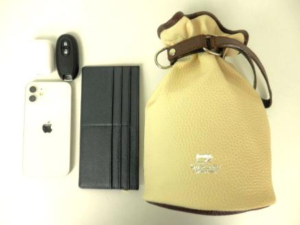 F-58　本革巾着バッグ※オフホワイト／ブラウン