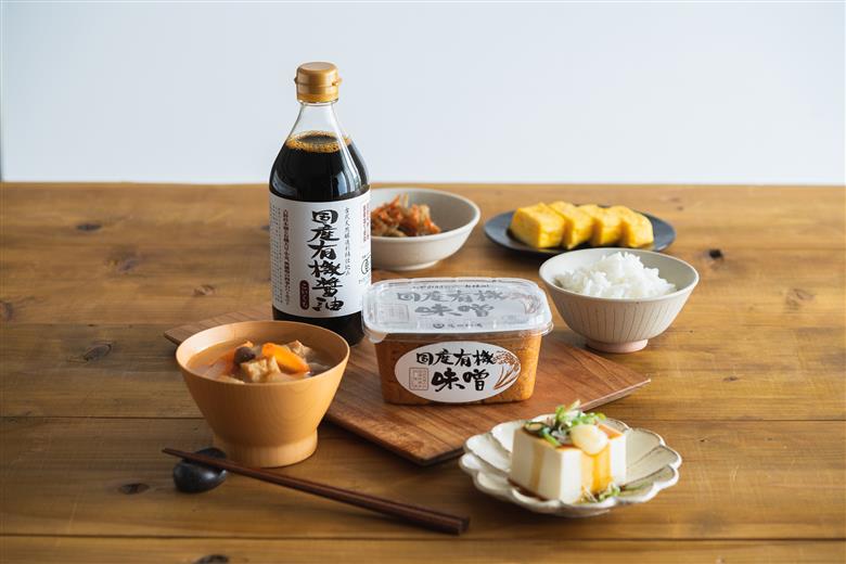 国産有機醤油（濃口500ml×1本）国産有機味噌と多可のおいしいお米1kgセット[1053]
