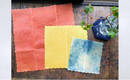 藍染草木染エコラップ3枚セット（S，M，L) 藍染、茜染め、やまもも染めセット 藍染、茜染め、やまもも染めセット 藍、ピンク、黄セット