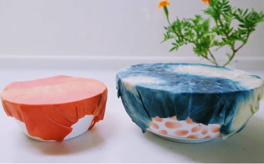 藍染草木染エコラップ2枚セット（S，M) 茜染め、やまもも染めセット 茜染め、やまもも染めセット ピンク・黄色セット