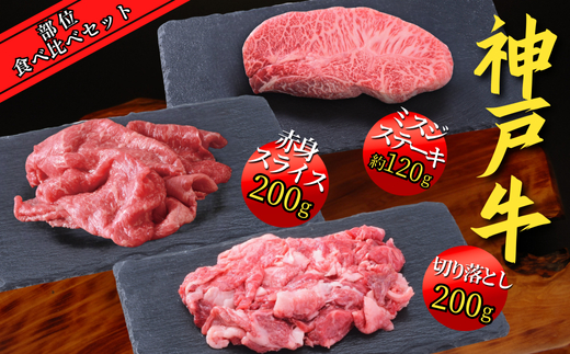 神戸牛 部位食べ比べセット 計約1.2kg（赤身スライス200g、赤身焼肉200g、バラ焼肉200g、切り落とし200g、角切り250g、ミスジステーキ120g） 67-10