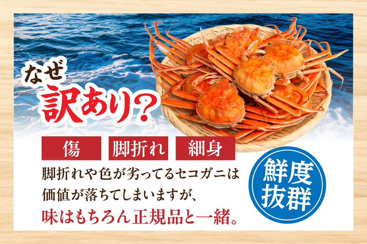 【訳あり 釜茹でセコガニ4枚（大）（冷凍）】ご入金確認後、順次発送 カニの本場 香住 濃厚なかにミソとやみつきになる内子、外子が絶品です 訳あり理由：指落ち1～2本 柴山 山陰 日本海 国産 カニ ズワイガニ 松葉ガニ せいこがに メスガニ 爪 ほぐし ボイル 脚 鮮度抜群 絶妙の塩加減での茹で上げ 大人気 ふるさと納税 兵庫県 香美町 山米鮮魚 42000円 74-21