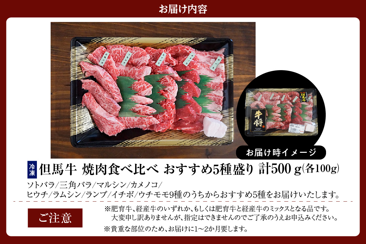 《12/21まで年内発送》【但馬牛 焼肉食べ比べ おすすめ5種盛り 500g】冷凍 ※発送目安：貴重な部位のためお届けに1～2か月要します 黒毛和牛 ルーツ 香美町 産地直送 国産 牛肉 ブランド 和牛 バーベキュー キャンプ ふるさと納税 おすすめ 返礼品 但馬 神戸 兵庫県 香美町 村岡 牛将 村岡ファームガーデン 02-18