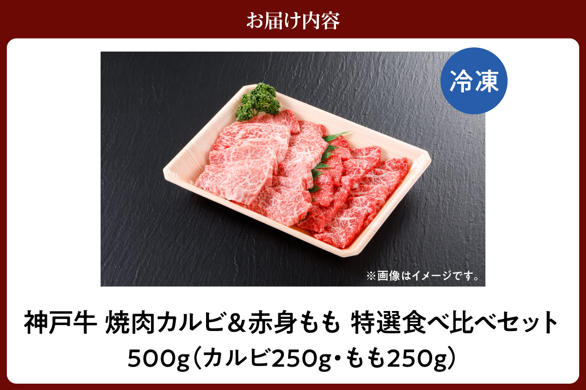 神戸牛 焼肉 カルビ＆赤身もも 特選 食べ比べセット 500g（カルビ250g、もも250g）冷凍 牛肉 香美町 61-04