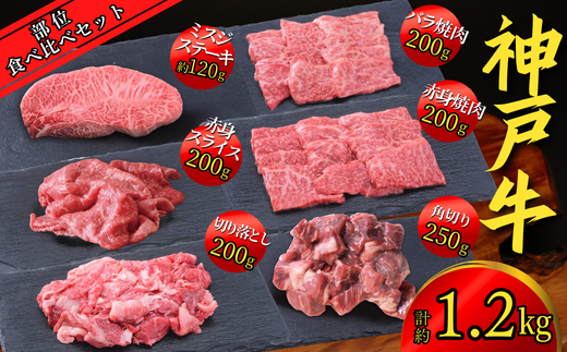 神戸牛 部位食べ比べセット 計約1.2kg（赤身スライス200g、赤身焼肉200g、バラ焼肉200g、切り落とし200g、角切り250g、ミスジステーキ120g） 67-10