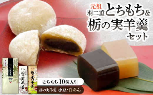 元祖羽二重とちもち10個入り+栃の実羊羹2本組(小豆・白あん)