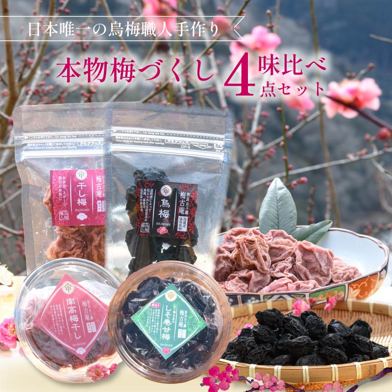 梅干し 梅づくし 4点セット 無添加 食べ比べ 干し梅 梅 梅干し 南高梅 うめ 梅干 漬物 漬け物 ご飯 白米 白飯 お弁当 おかず ご飯のお供 ごはんのお供 おつまみ おやつ お茶 梅茶 うばい 薬膳 お茶漬け 奈良県 奈良市