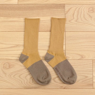 裏返しオーガニックコットンリブソックス・M(インディゴ×ベージュ、ターメリック×カーキ)2足セット