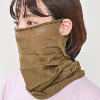 日本製 シルク100% スヌード 筒形 耳穴4穴 ネックウォーマー(オリーブ) (741-7590)