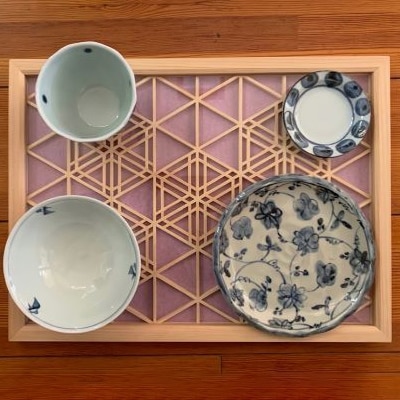 よしの組子トレー(胡麻柄亀甲・薄紫) 40cm×30cm×2cm