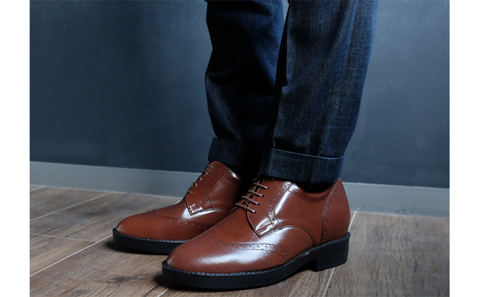 ビジネスシューズ 本革 革靴 カンガルー革 紳士靴 ウイングチップ 7cmアップ シークレットシューズ No.232 ブラウン 24.0cm