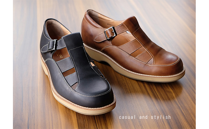 本革 幅広 4E ワイド ビジネスサンダル オフィスサンダル  5.5cmアップ シークレットサンダル No.567 チョコ 25.0cm