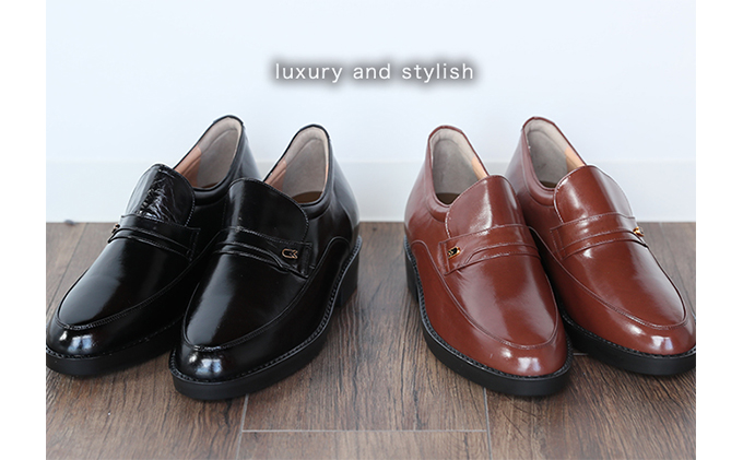 ビジネスシューズ 本革 革靴 カンガルー革 紳士靴 モカスリッポン 7cmアップ シークレットシューズ No.234 ブラウン  24.5cm