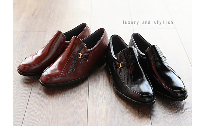 カンガルー革 ビジネスシューズ 紳士靴 Uモカ スリッポン 5cmアップ 4E ワイド No.635 ブラック 23.5cm