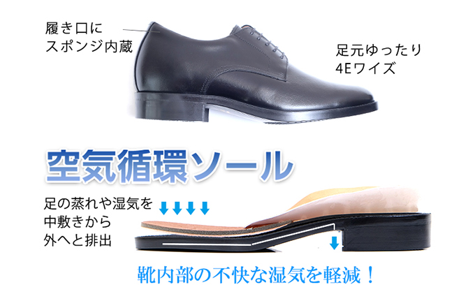 ビジネスシューズ 本革 革靴 紳士靴 外羽根プレーン 5cmアップ シークレットシューズ ワイド No.1693 ブラック 26.0cm