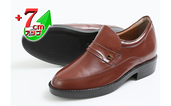 ビジネスシューズ 本革 革靴 カンガルー革 紳士靴 モカスリッポン 7cmアップ シークレットシューズ No.234 ブラウン  24.5cm