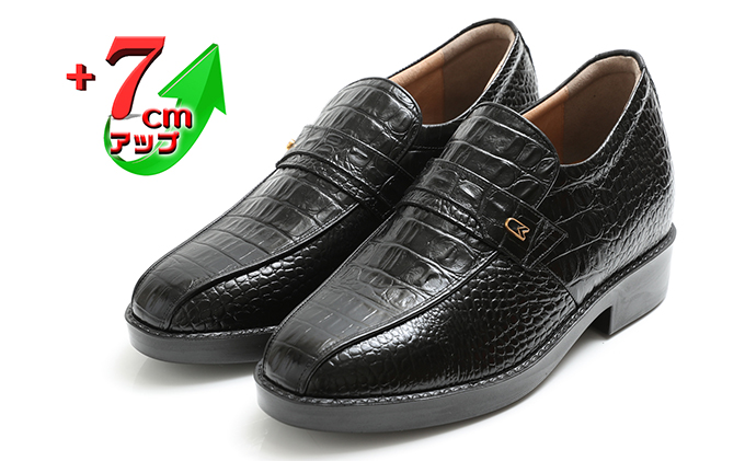 ビジネスシューズ 本革 革靴 紳士靴 牛革クロコ調スワローモカ 7cmアップ シークレットシューズ No.236 ブラック  23.5cm