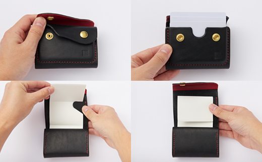 【ちっこくても使い易いミニ財布no.7】左利き黒革に赤糸手縫い　フロント2分割