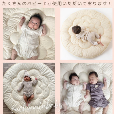 日本製直径110cmプレイマットラウンドマット花キルトダブルガーゼ生成り