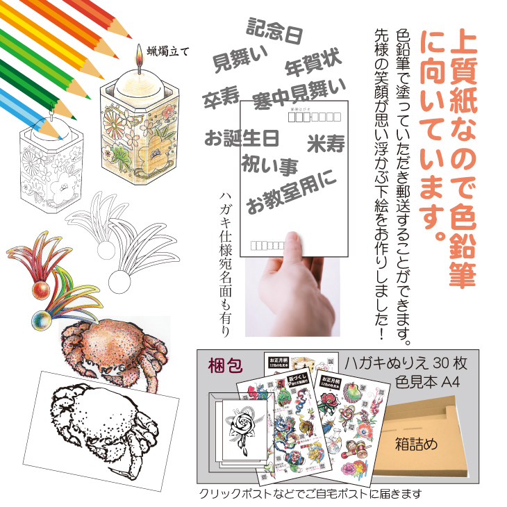 干支と正月ぬりえ【干支を色鉛筆でぬる年賀状柄／30枚組】ハガキサイズで新年のご挨拶やプレゼント脳トレ教室でも気軽に使えます。必ず見本があり。