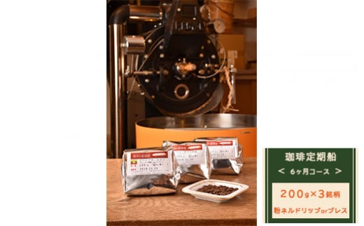 【粉ネルドリップorプレス】【定期便】6ヶ月コース：珈琲定期船200g×3銘柄×6回　煎り立て自家焙煎コーヒー
