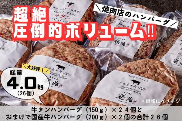 牛タンハンバーグ [150g×24個]＆おまけ 国産牛肉100%ハンバーグ [200g×2個] [2221]