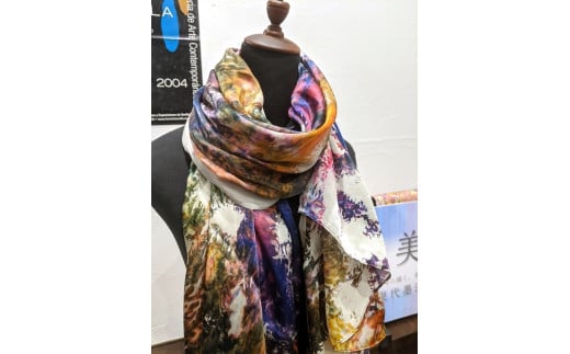 墨流し染 シルク ロング ストール カラフル珊瑚柄 大判 ／ 染美堂 絹 サテン織 奈良県 葛城市【snbd014】