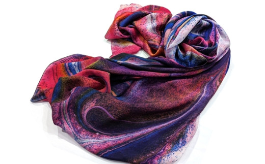 墨流し染 シルク ロングストール (マーブル模様) ／ 染美堂 一点物 絹 現代風 アート サテン織 贈り物 上品 奈良県 葛城市【snbd013】