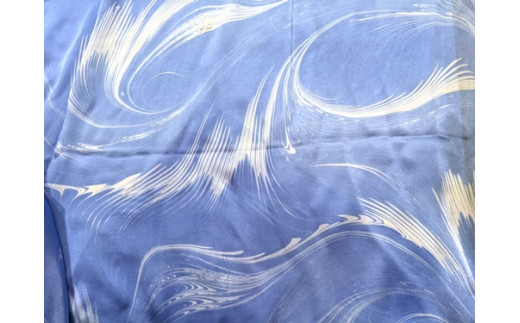 墨流し染 シルク ロング ストール 青羽柄 大判 ／ 染美堂 絹 サテン織 奈良県 葛城市【snbd003】