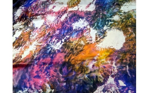墨流し染 シルク ロング ストール カラフル珊瑚柄 大判 ／ 染美堂 絹 サテン織 奈良県 葛城市【snbd014】
