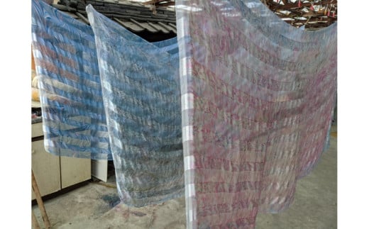 墨流し染 シルク ロングストール (青珊瑚柄) ／ 染美堂 一点物 絹 シルク 現代風 アート インテリア シフォン織 上品 奈良県 葛城市【snbd008】