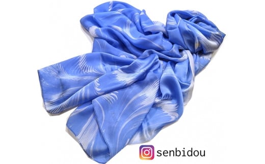 墨流し染 シルク ロング ストール 青羽柄 大判 ／ 染美堂 絹 サテン織 奈良県 葛城市【snbd003】