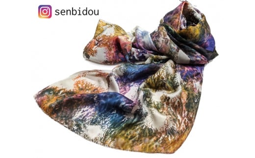 墨流し染 シルク ロング ストール カラフル珊瑚柄 大判 ／ 染美堂 絹 サテン織 奈良県 葛城市【snbd014】