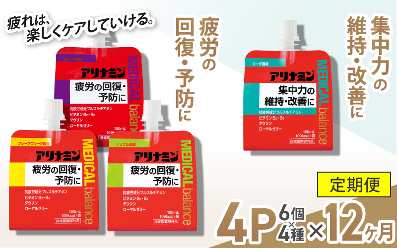 【12か月定期便】アリナミンメディカルバランス　4種セット（ソーダ味、グレープフルーツ味、アップル味、グレープ味） ／ ゼリー フルスルチアミン ビタミンB2 B6 タウリン ローヤルゼリー 防災 備蓄 トレーニング 登山 ロードレース 行動食 カロリー補給 エネルギー 集中力 維持 改善 疲労回復 予防 集中 ドライブ 空腹 仕事 勉強 サウナ 風呂【tept-tkb015】