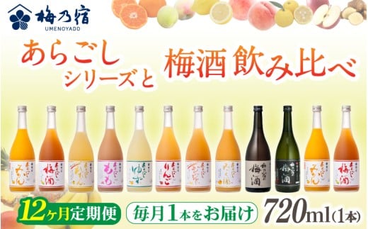 梅乃宿 あらごしシリーズ と 梅酒 飲み比べ 【12ヵ月定期便】毎月720ml×１本 ／ 定期便 梅乃宿酒造 お酒 リキュール ギフト 贈り物 プレゼント 人気 メーカー直送 みっく酒 ゆず みかん 梅酒 もも 果実 奈良県 葛城市【umyd-tkb003】