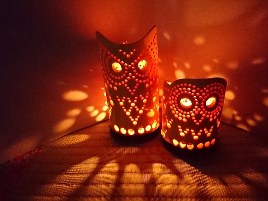 竹製キャンドルホルダー フクロウセットＦ-2 (表皮剥ぎタイ